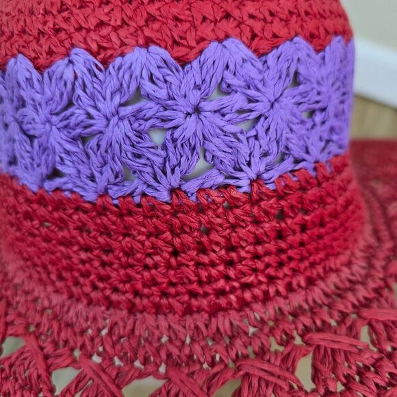 💜Vintage Red & Purple Wide Brim Straw Sun Hat - Picture 2 of 7